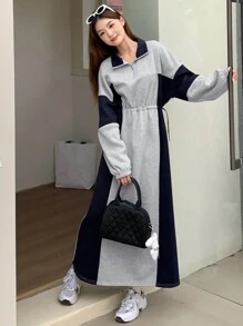 DAZY 女式休闲拼色抽绳腰长裙，秋季连衣裙 - 灰色 - 查看 5