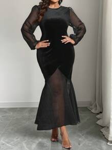 SHEIN Clasi Đầm dự tiệc Giáng sinh thanh lịch, tay dài, màu trơn, viền đuôi cá, cỡ lớn cho nữ, trang phục Maxi mùa xuân/hè - màu đen - Xem 1