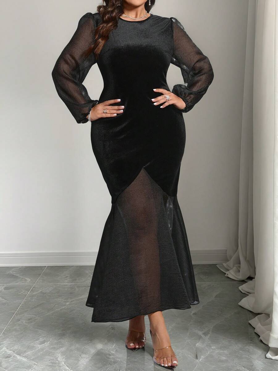 SHEIN Clasi Đầm dự tiệc Giáng sinh thanh lịch, tay dài, màu trơn, viền đuôi cá, cỡ lớn cho nữ, trang phục Maxi mùa xuân/hè - màu đen - Xem 1