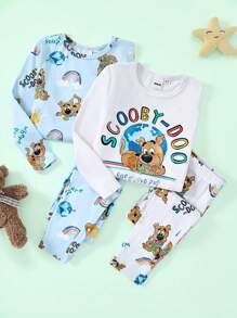SCOOBY-DOO X SHEIN 小男孩卡通小狗，彩虹和太阳印花可爱舒适休闲长袖T恤和裤子睡衣套装，杏色和蓝色 - 藍白色 - 查看 1