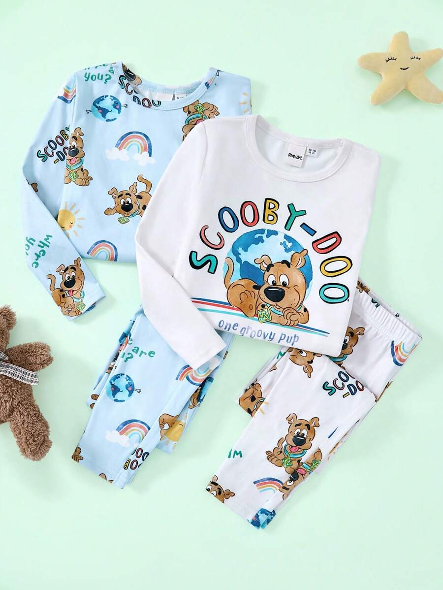 SCOOBY-DOO X SHEIN 小男孩卡通小狗，彩虹和太阳印花可爱舒适休闲长袖T恤和裤子睡衣套装，杏色和蓝色 - 藍白色 - 查看 1