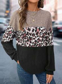 SHEIN LUNE Women's Autumn/Winter T-Shirt, Oversized Dolman Sleeve Round Neck, Leopard Print & Ribbed Panel Design, Color Blocking, Daily Casual Loose Style Graphic Cheetah Print Tees Women Tops