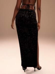 MUSERA Falda larga asimétrica con pliegues en la cintura y abertura en el muslo, elegante para verano, vacaciones, Año Nuevo, fiestas de Navidad y eventos - Negro - Ver 5