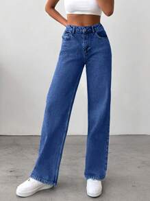 EURMUSE 100%Cotton Slant Pocket Casual Straight Leg Jeans - Blue - View 3