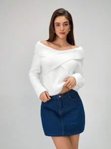 Chiquease Women V-Neck Cross Front Exposed Clavicle Solid Color Fitted Knit Long Sleeve Sweater Knit Pullover Fall Winter - White - View 6