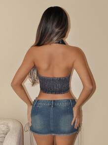 SHEIN ICON Women Deep V-Neck Sleeveless Backless Denim Fringe Crop Tops - Rust Brown - View 2