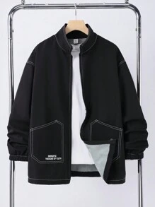 SHEIN Teen Boys' Stand Collar Black Zip Pocket Padded Warm Jacket, Contrast Tape Decor, Casual Street Fashion, Autumn/Winter