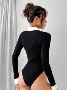 Flirla 黑白撞色翻领半襟拉链长袖修身衬衫，时尚简约女士街头服饰，秋季 - 黑色 - 查看 2