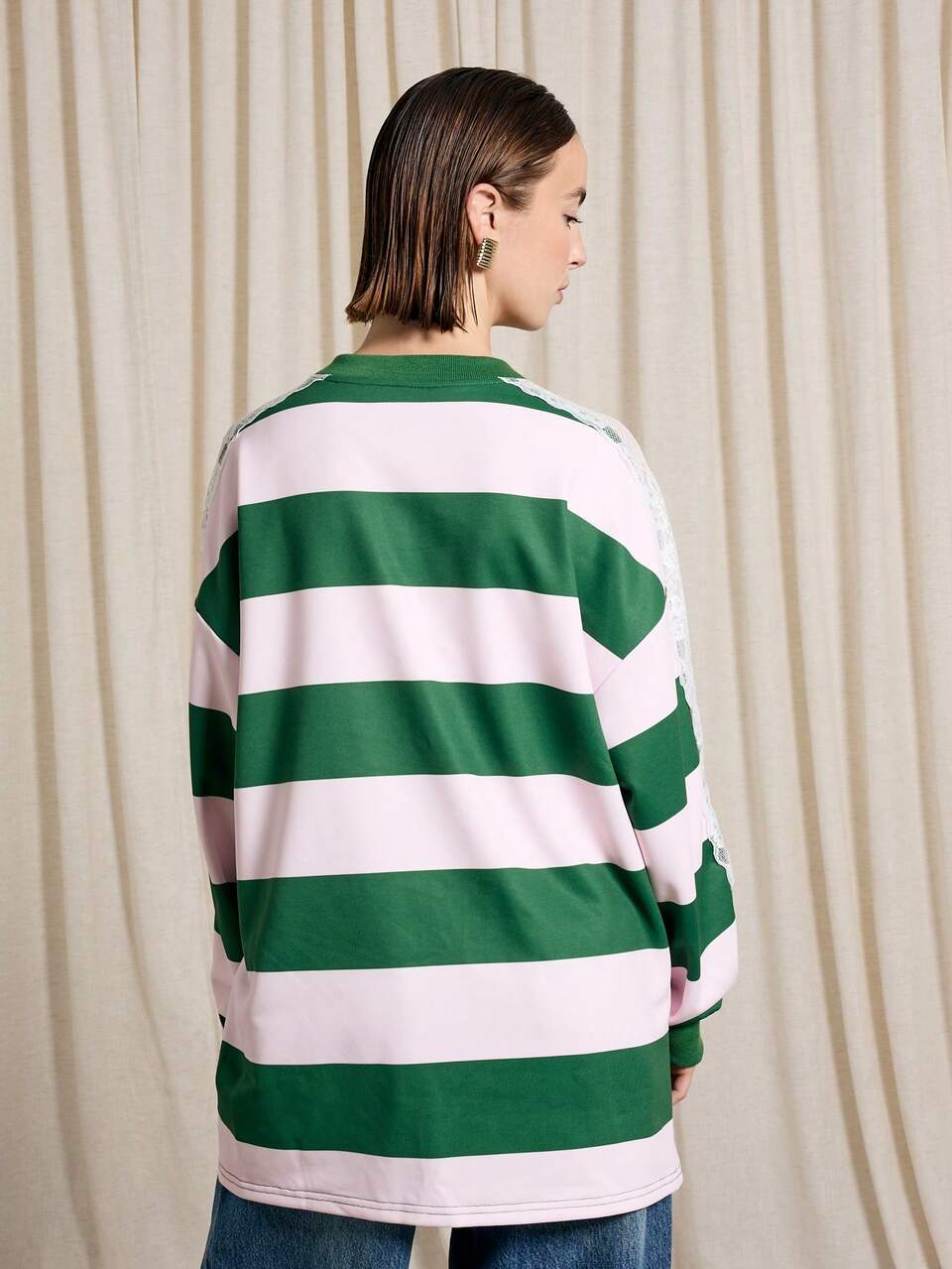 Vintage Oversized Rugby Stripe Sweatshirt With Lace Sleeves