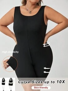 SHEIN CURVE+ Bộ đồ liền thân không tay cổ vuông màu trơn cỡ lớn - màu đen - Xem 1