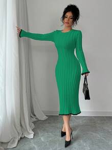 Elenzga Women's Solid Color Round Neck Long Sleeve Casual Backless Tie Knit Sweater Dress - Green - View 5