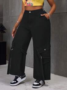 SHEIN SXY Plus Size Solid Color Front Button Pocket Simple Design Jeans, Casual Everyday Wear - Blue - View 4