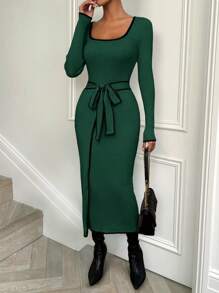 SHEIN Clasi 方领针织休闲紧身毛衣连衣裙