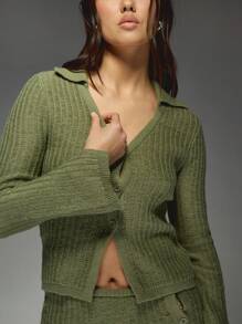 MISSGUIDED Gerippter Strick-Knopfverschluss Cardigan Mini Rock Set Winter Herbst Mode Kragen Pullover Co-Ord Knopfleisten Schlitz Design gemütliches Outfit Weihnachten - Grün - Übersicht 5