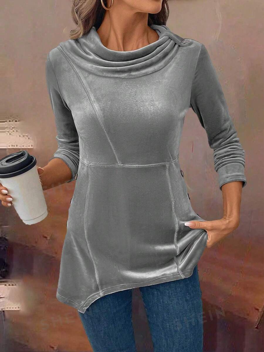 SHEIN LUNE Camisa de cuello alto para mujer para otoño/invierno, de hombro recto y manga larga, con panel delantero en patchwork, bajo asimétrico, detalles de botones a los lados, uso casual de todos los días