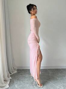 SHEIN x Carly Lawrence Elenzga 女士优雅纯色不对称领口长袖褶皱侧开衩下摆连衣裙，春夏长款女装 - 粉色 - 查看 4