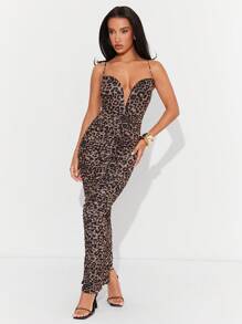 Hauture Vestido midi con escote en pico y bajo con abertura en estampado de leopardo de malla, vestido para fiesta de vacaciones
