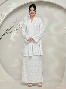 Graceveil Baju Kebaya Baju Kebaya Ditsy Floral V-Neck Long Sleeve Blouse Paired With Long Asymmetrical Skirt, Boho Style Modest - White - View 4