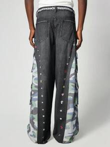 ROMWE MEN Street Life 男士时尚洗水做旧迷彩拼布工装牛仔裤 - 彩色 - 查看 6