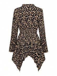 SHEIN LUNE Plus Size Front Zipper Long Sleeve Leopard Print Simple Casual Jacket - Coffee Brown - View 2