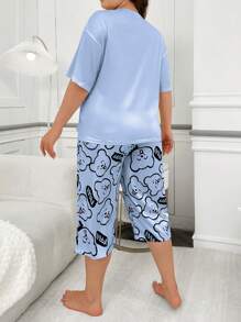 大码女式字母和熊印花短袖 T 恤和短裤家居服睡衣套装 - 藍色 - 查看 2