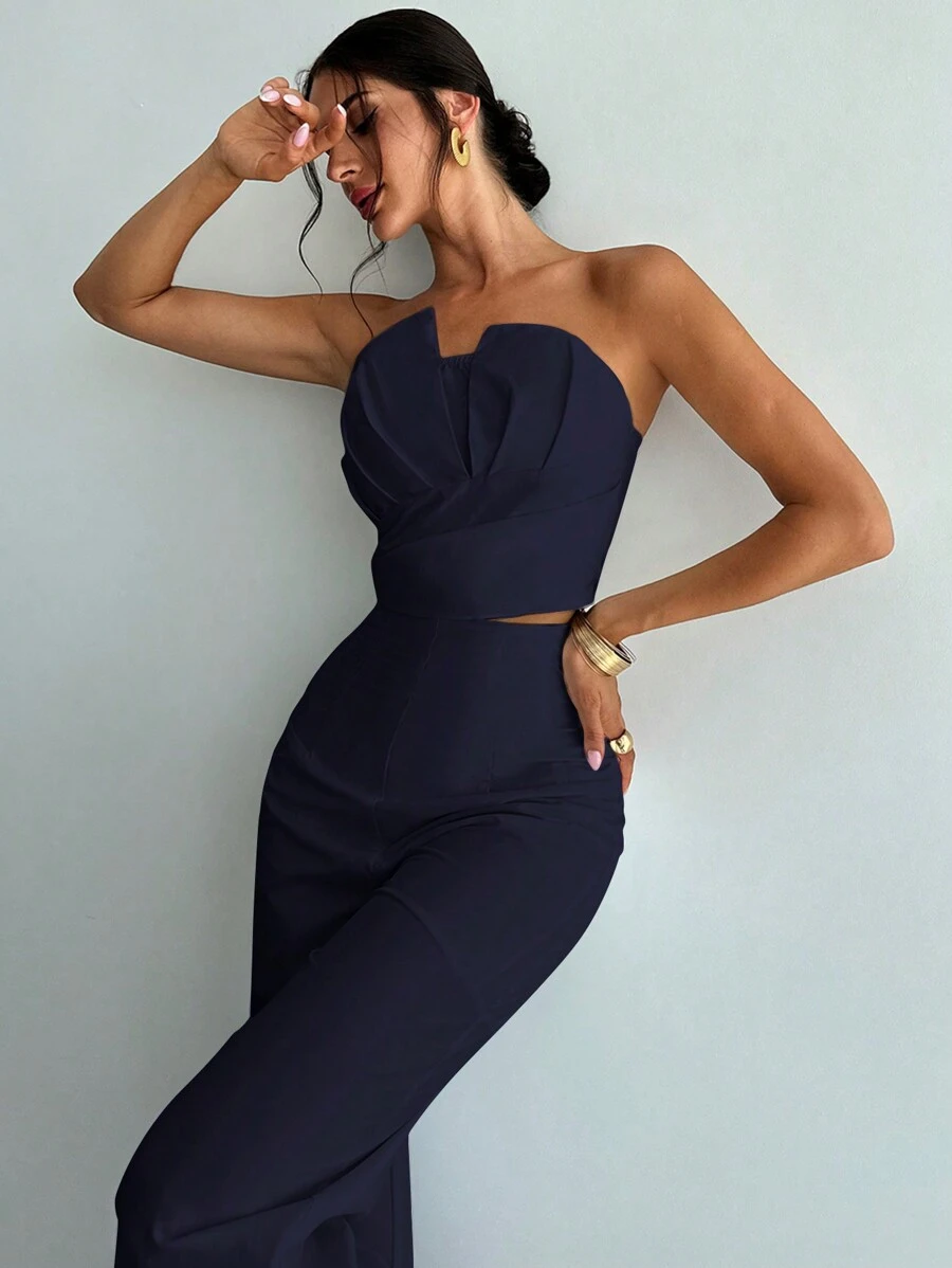 Firerie 女士优雅不对称紧身抹胸上衣和高腰仿骨直筒裤 - 藏蓝色 - 查看 1