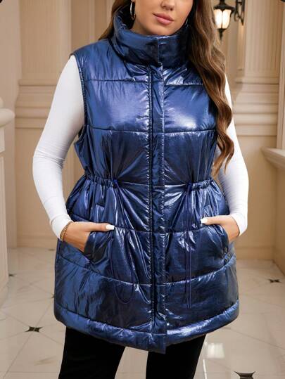 SHEIN LUNE Áo khoác đệm không tay cổ cao cỡ lớn có khóa kéo phía trước, quần áo mùa đông