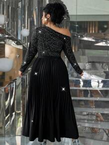 SHEIN Unity Plus Size Women's Party Sparkly Pleated Skirt Hem Asymmetrical Shoulder Dress Maxi Women Outfit