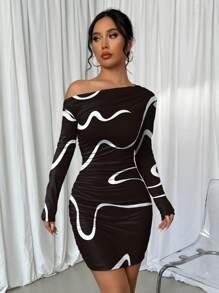 Selianne 不对称褶饰涂鸦印花长袖连衣裙