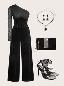 Ellevyn Elegante mono de terciopelo tableado de encaje negro de manga larga y un solo hombro para mujer, adecuado para ocasiones diversas como fiestas y reuniones