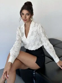 SHEIN Privé 大码女士优雅通勤衬衫，V 领修身长袖蕾丝镂空设计，杏色 - 杏色 - 查看 3