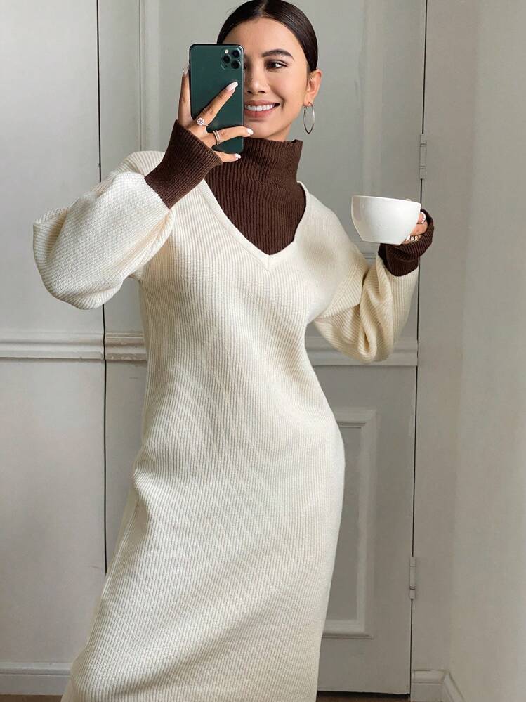 Luźna sukienka sweterkowa z golfem w kontrastowym kolorze, damska, jesienna odzież - Morela - Zobacz 1