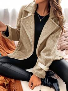 SHEIN LUNE 女士秋冬厚款保暖内衬摩托车夹克，勃艮第红色 - 駝色 - 查看 5