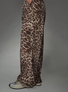 MISSGUIDED Leopard Print Cargo Pants High Waisted Wide Leg Animal Pattern Casual Pants Fall Winter Streetwear Festival Y2K Party Drawstring Waist Bottoms
