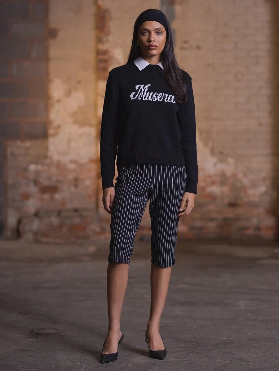 MUSERA Striped Capri Trousers 90's  Elegant - Black and White - View 1