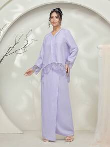 Veilorie Baju Kurung 纹理面料蕾丝拼布不对称下摆上衣和长款中裙 2 件套女士适中