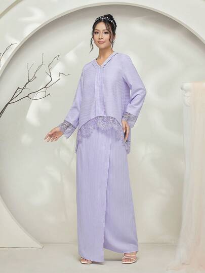 Veilorie Baju Kurung Textured Fabric Lace Patchwork Asymmetrical Hem Top & Long Midi Skirt 2Pcs Set For Women Modest