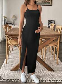 SHEIN 孕妇纯色黑色细肩带开衩简约休闲长款连衣裙