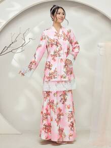 Graceveil Baju Kurung Lace Patchwork Long Sleeve Casual Long Cheongsam Modest