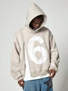 ROMWE MEN Street Life 男士休闲拉链前数字印花长袖连帽运动衫，秋季 - 卡其色 - 查看 4