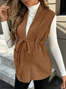 Momance Jersey sin mangas con cuello, cintura anudada y unicolor para maternidad, otoño/invierno - Marrón - Ver 1