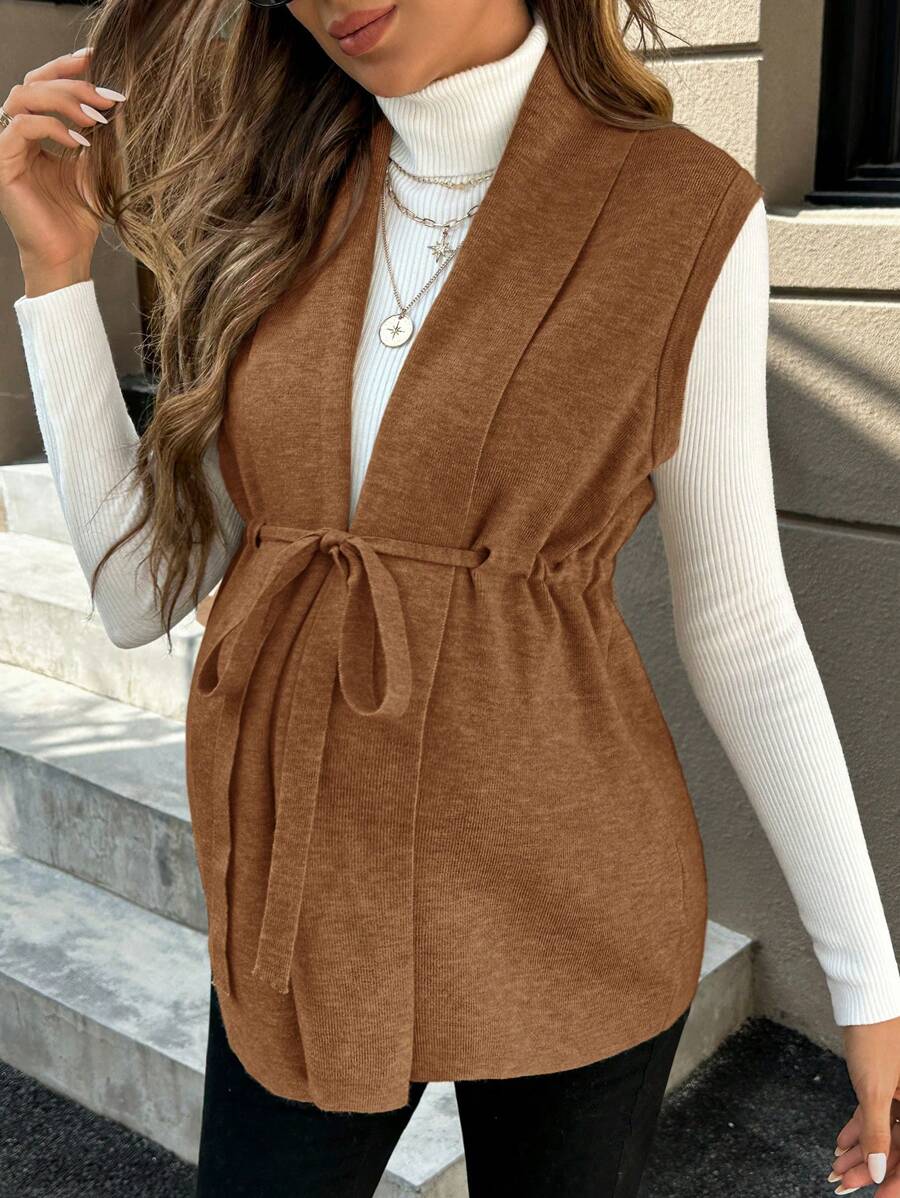 Momance Jersey sin mangas con cuello, cintura anudada y unicolor para maternidad, otoño/invierno - Marrón - Ver 1