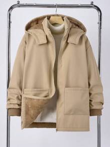 SHEIN Leap Crew Áo khoác dài vừa phải có mũ trùm đầu, khóa kéo, màu kaki, dành cho bé trai tuổi teen, lót giữ nhiệt ấm áp, chống gió, đa năng cho mọi hoạt động hàng ngày, ngoài trời, đi học, thu/đông - Màu Khaki - Xem 5