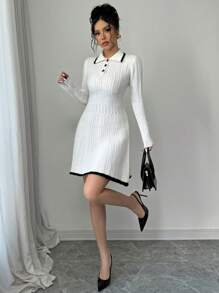 Elenzga 女式高腰 A 字形拼色边饰毛衣连衣裙