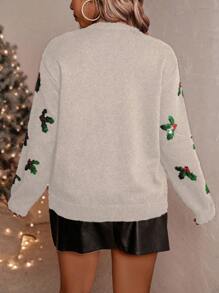 SHEIN Clasi Women's Christmas Knit Crew Neck Sequin Embroidered Basic Pullover Sweater, Anti-Pilling, Elastic, Plus Size, Suitable For Halloween, New Year, Valentine's Day, Thanksgiving, Christmas, Easter, National Day, New Year's Eve Knit Pullover Fall Winter Sweater - Beige - View 2