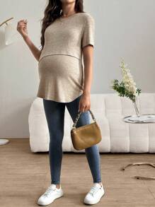 SHEIN 孕妇彩色罗纹针织哺乳孕妇 T 恤