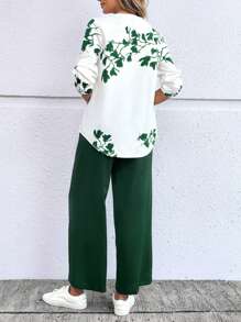 EMERY ROSE Women's Plant Print V-Neck Ruffle Sleeve Shirt And Wide Leg Pants 2 Pieces Casual Set