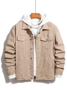 Manfinity Homme 大码男士单排扣休闲牛仔夹克，秋冬 - 卡其色 - 查看 1