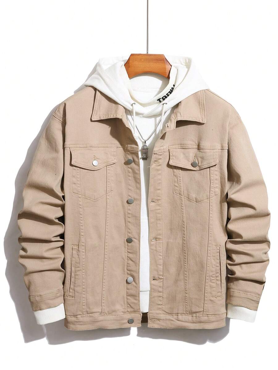 Manfinity Homme 大码男士单排扣休闲牛仔夹克，秋冬 - 卡其色 - 查看 1