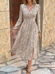 SHEIN Frenchy 女士碎花 V 领灯笼袖侧开衩中长连衣裙，优雅度假